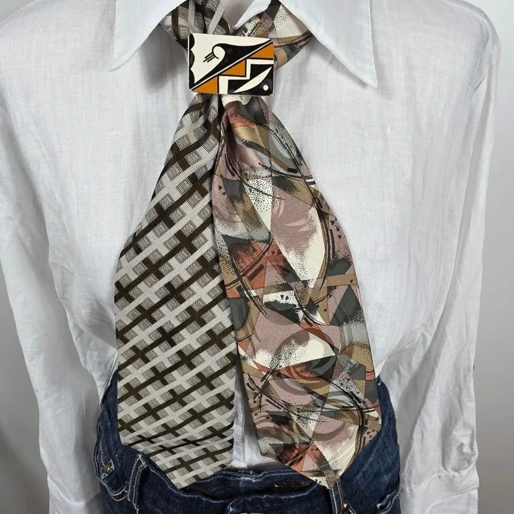 Upcycled  Scarf Tie Women‎ OS Brown w Brooch Artsy